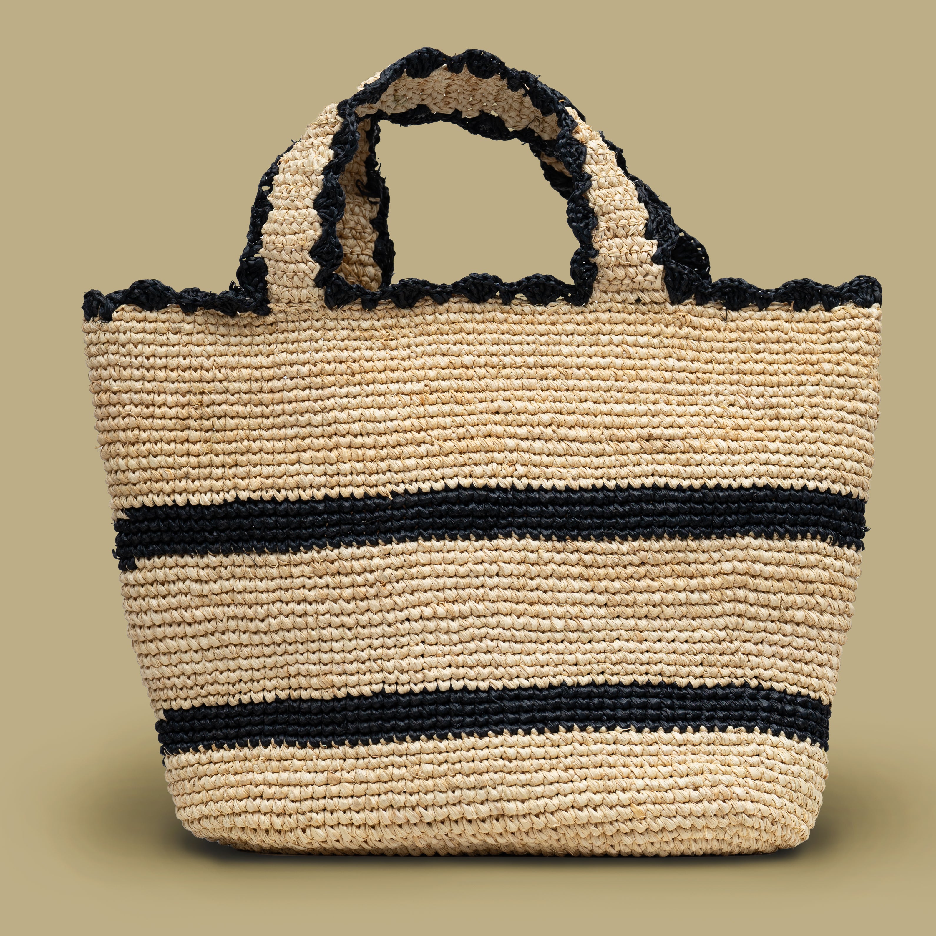 Hand woven Beige raffia mini tote bag with black stripes and scallop trim, made in rwanda by women artisans