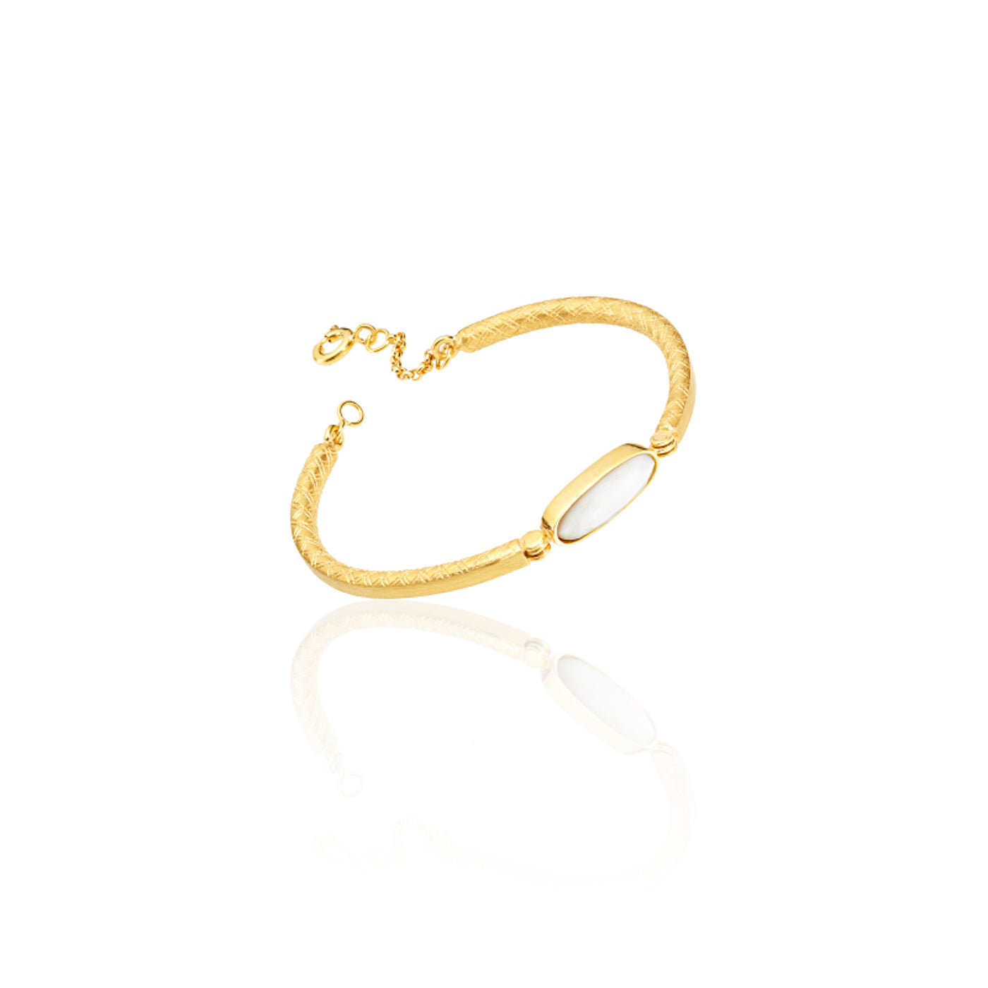 Ethically handmade online jewelry: gold crosshatched bangle with bezel set mother of pearl and clasp, luxury bracelet  jewelry in chicago 