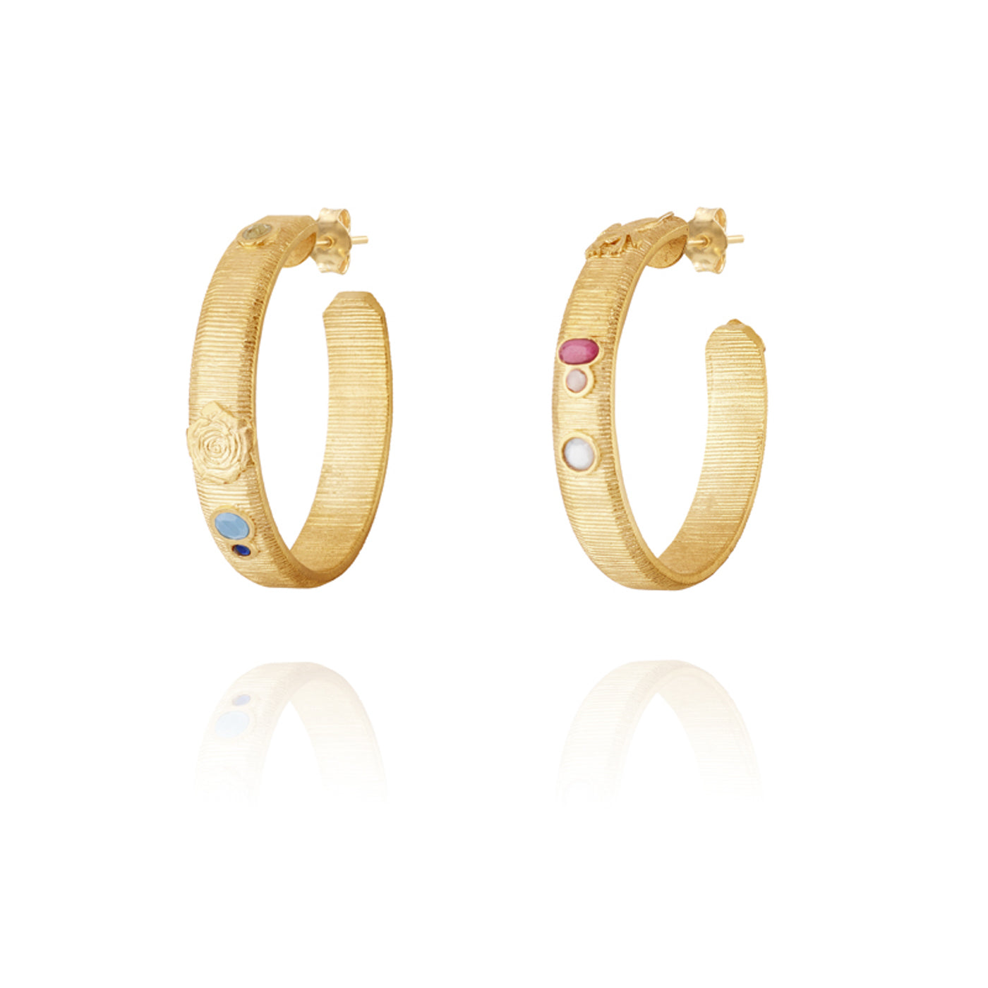 gold textured hoops with asymmetircal design of flowers and stones, ethically handmade and luxury fair trade jewelry online and chicago 