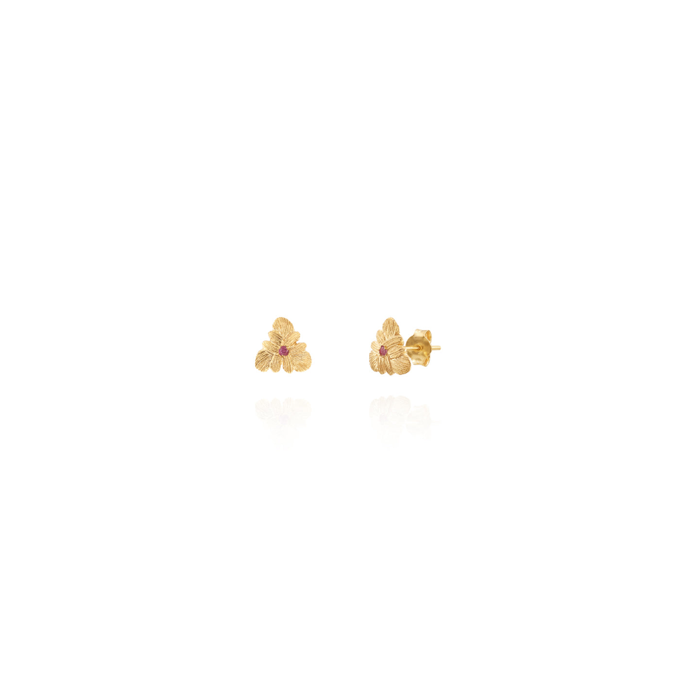 Ethically handmade gold triangle bromelia earrings with pink sapphire, fair trade jewelry chicago 
