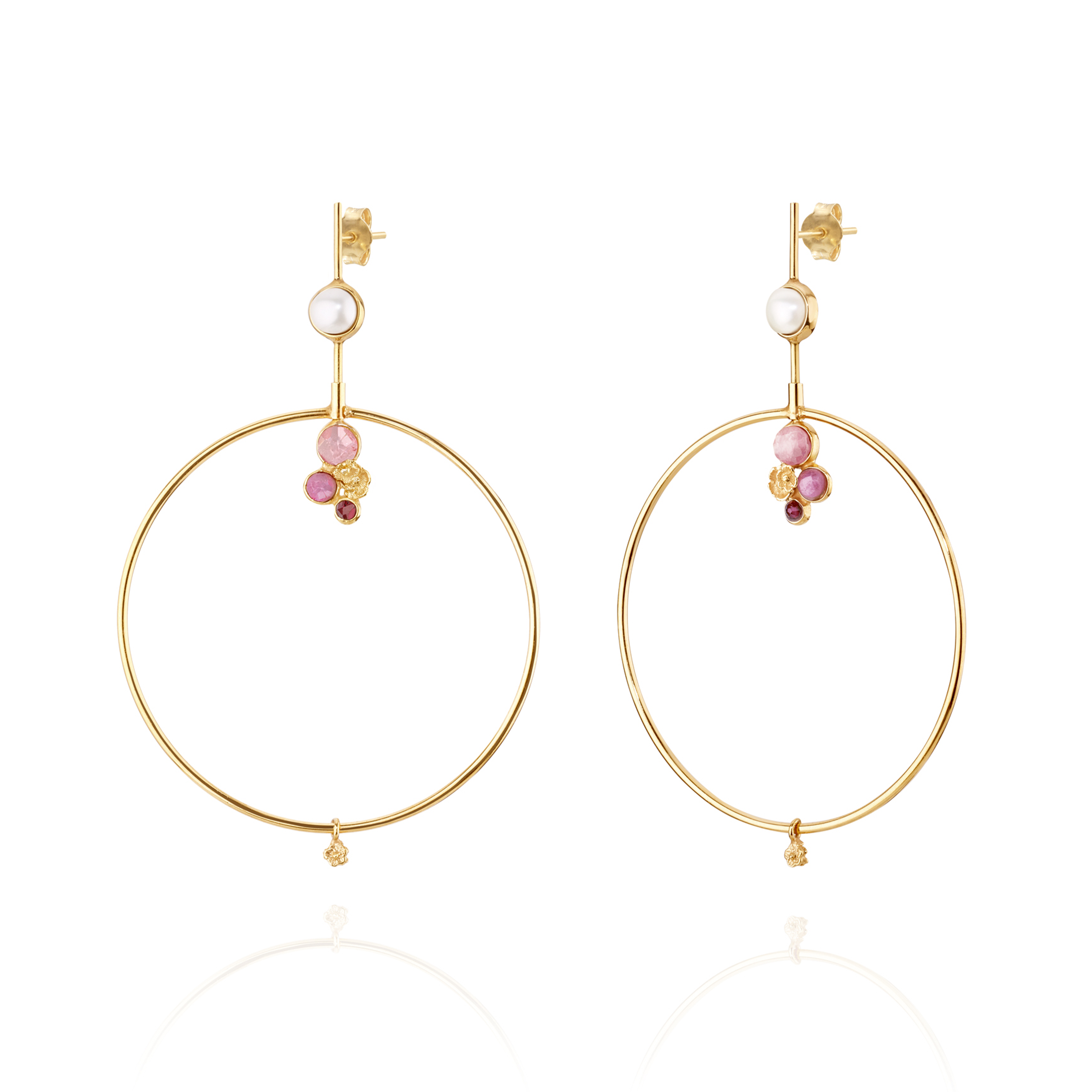 forget me not gold hoop tourmaline and pearl earrings, handmade ethical gold jewelry in chicago