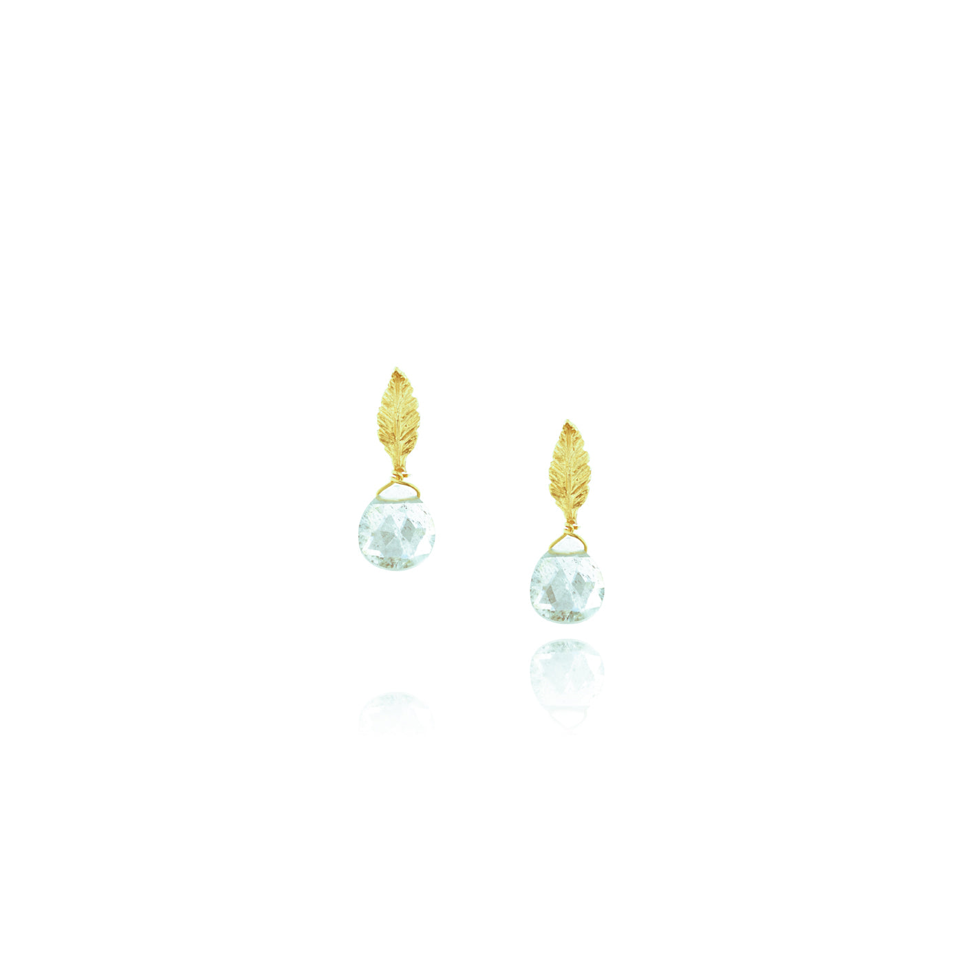 gold leaf stud earrings with aquamarine teardrop, ethical jewelry online in chicago 