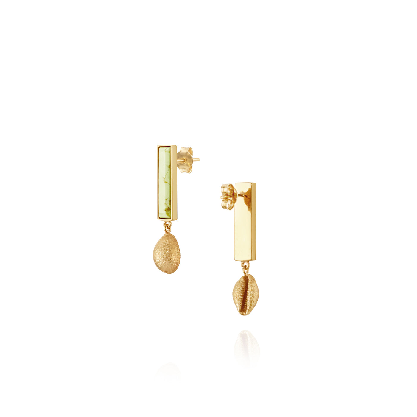 Handmade jewelry: gold soft green chrysoprase stone and shell dangle earrings, ethical handmade earrings in chicago 