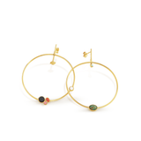 gold hoop earrings with onyx, coral, turquoise, pearl, turquoise and pink opal seashell summer gold statement hoops, asymmetrical earrings chicago