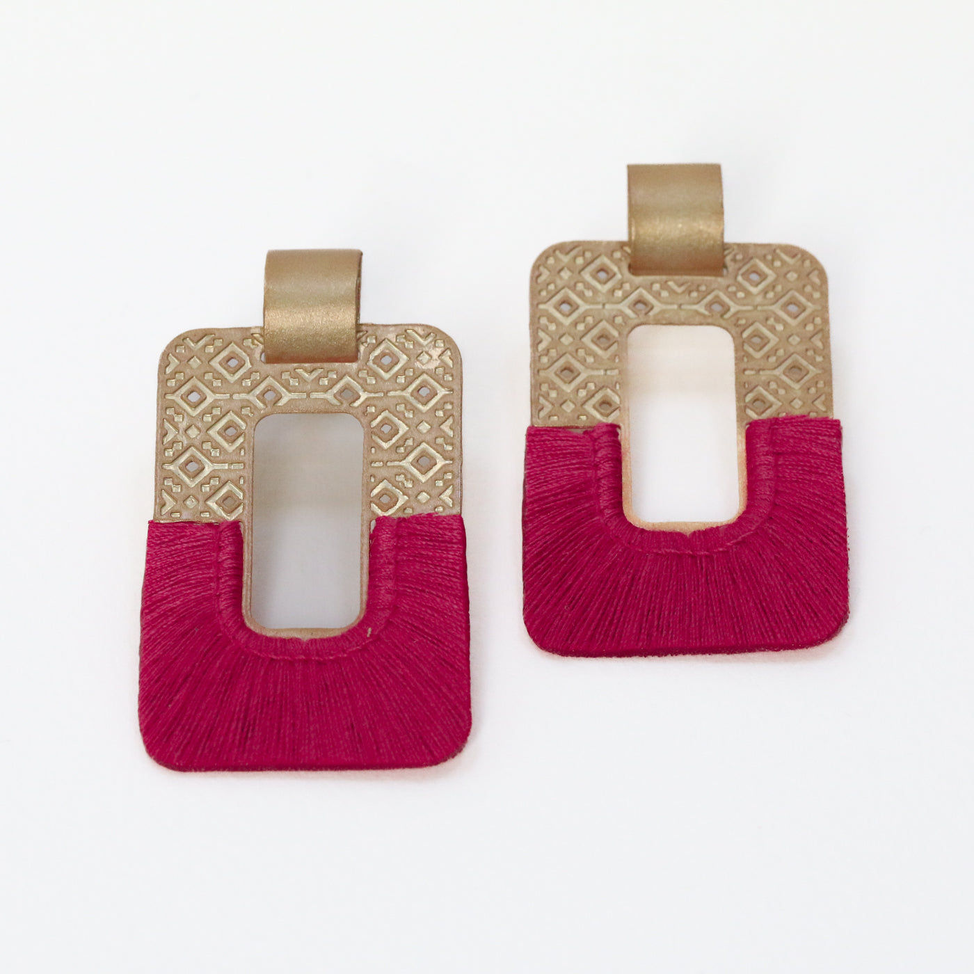 Gold stamped and pink threaded rectangle artisan earrings chicago 