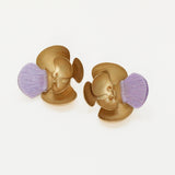Pair of gold earrings with purple accents, made by hand chicago ethical artisan earrings 