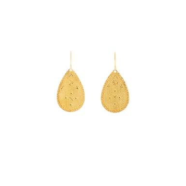 Gold teardrop earrings on a white background