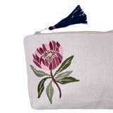 Protea Flower Embroidered Linen Pouch