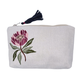 Protea Flower Embroidered Linen Pouch