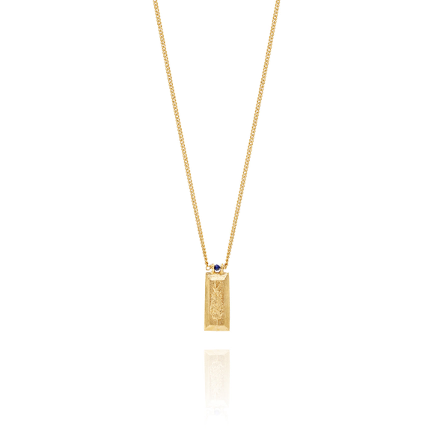 Handmade gold necklace with lavender motif on each side and lapis lazuli bead on a delicate curb chain, ethical artisan jewelry online