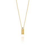Handmade gold necklace with lavender motif on each side and lapis lazuli bead on a delicate curb chain, ethical artisan jewelry online