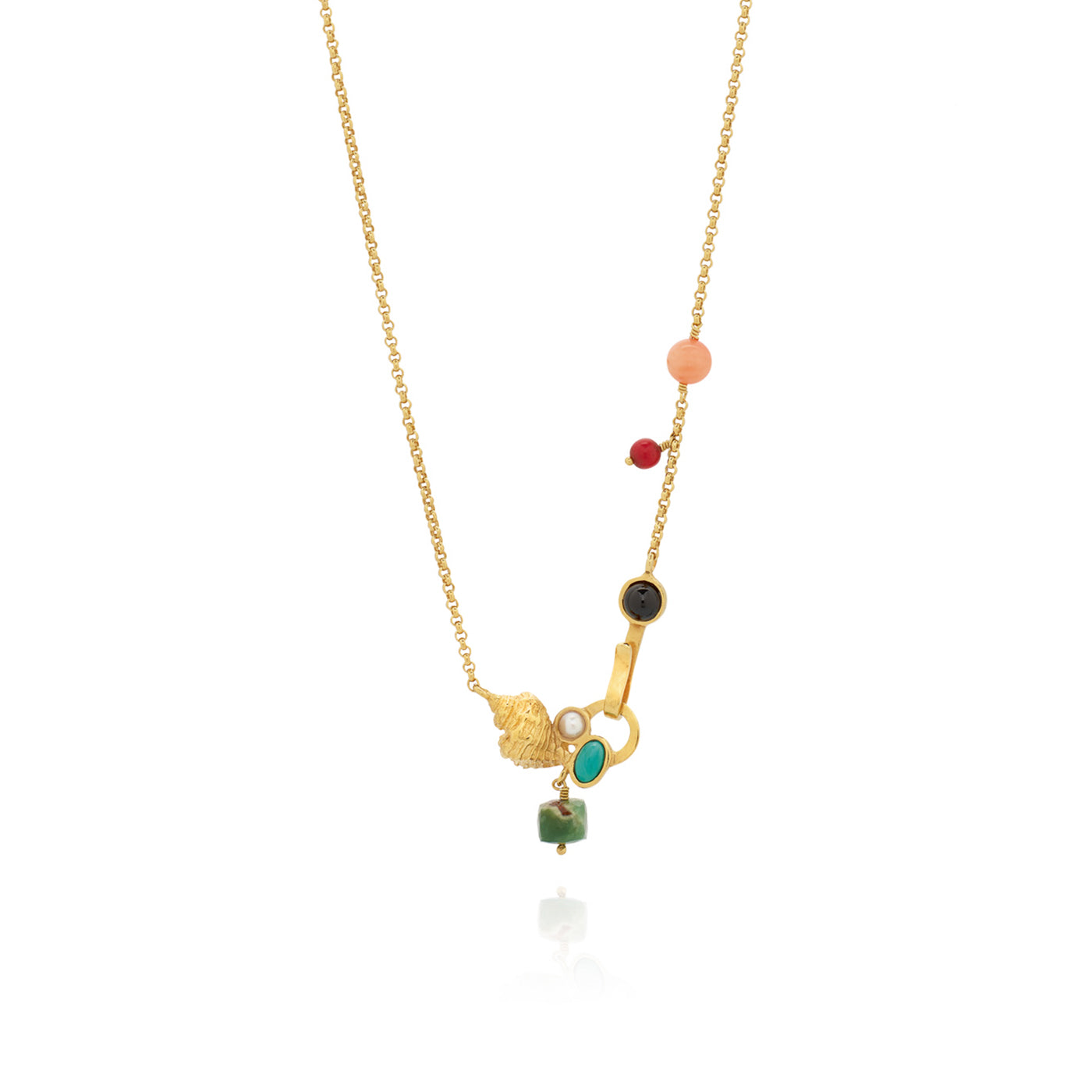 Gold chain necklace with varied natural stones and a conch shell, front closure, handmade in portugal, ethical online jewelry in chicago 