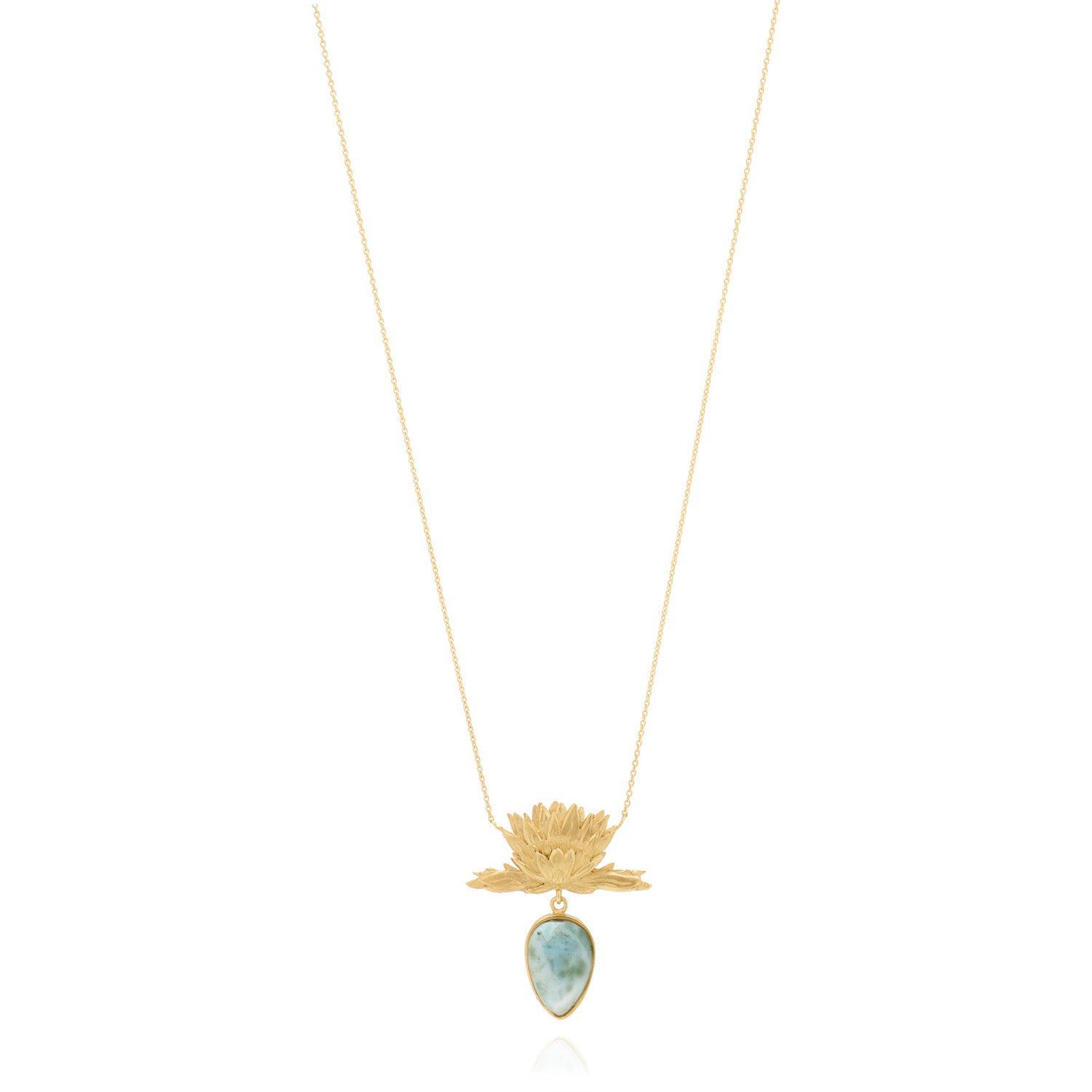 24k gold water lily and larimar handmade pendant necklace, ethical jewelry gifts online