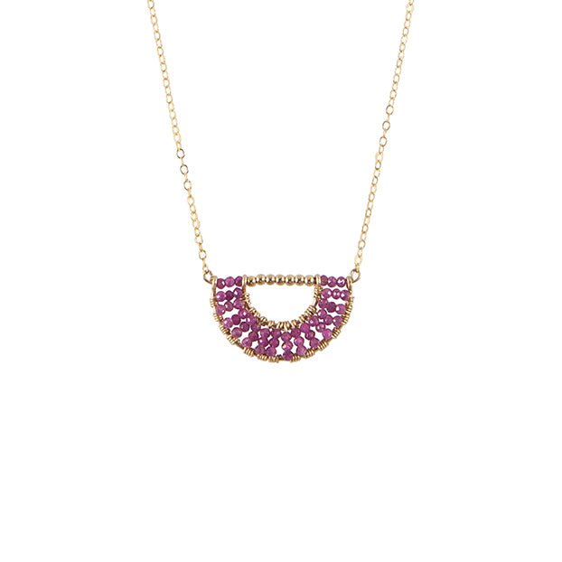 Handmade ruby beaded half moon necklace, ethical artisan gift — Petite Protea Chicago
